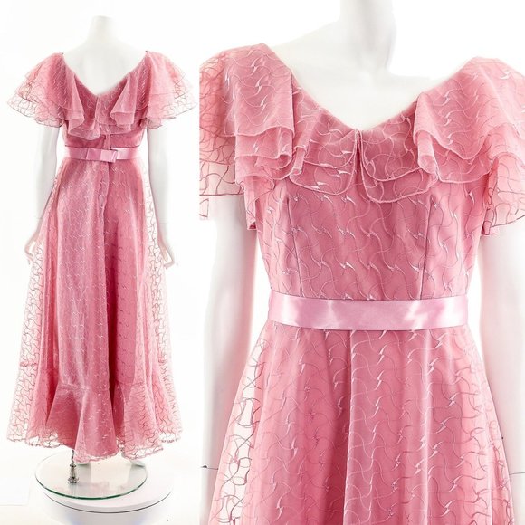 Raspberry Pink Sheer Ruffle Dress,Sheer Lace PInk Gown,60s Gone with the Wind St - Picture 3 of 10